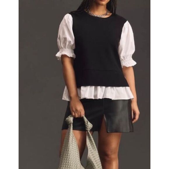 Anthropologie Sweaters - ~ Anthropologie L Sweater/Blouse Mixed Media Black White Balloon Poplin Knit Lg